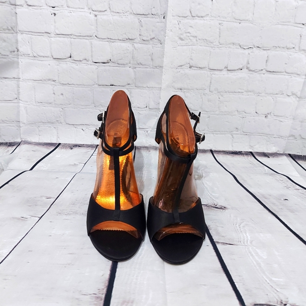 Black Satin T-Strap Peep Toe High Heels
